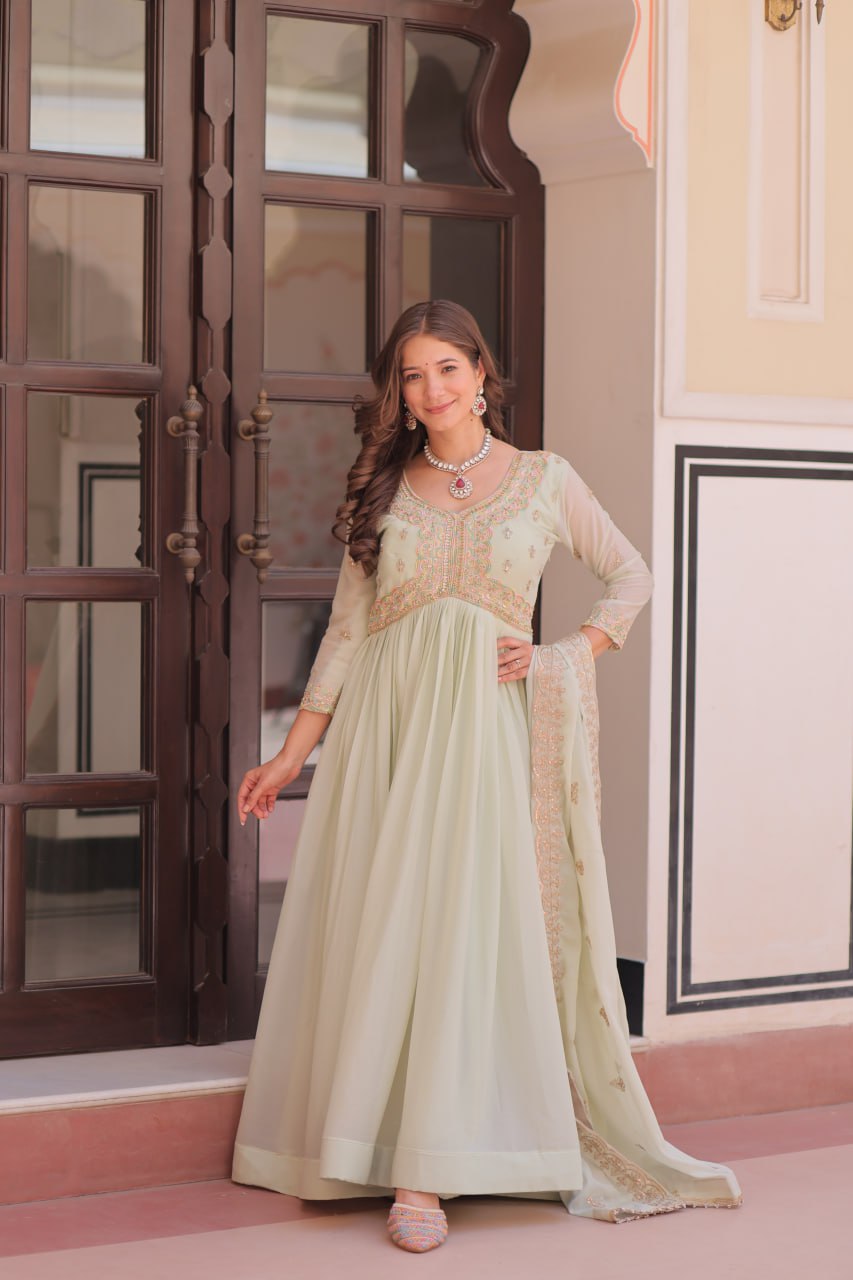 Pista Star Georgette Gown with Dupatta – Beads & Sequins Multi-Embroidery