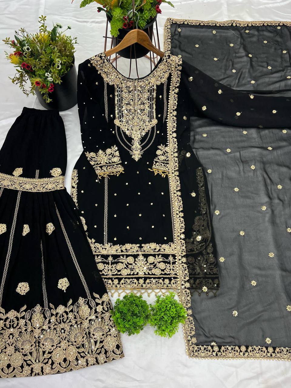 Designer Faux Georgette Top & Plazzo Set with Dupatta – Heavy Embroidery, Dori & Sequence Work