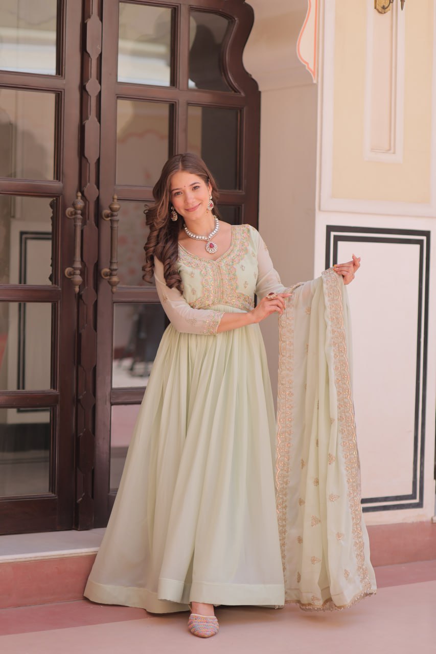Pista Star Georgette Gown with Dupatta – Beads & Sequins Multi-Embroidery