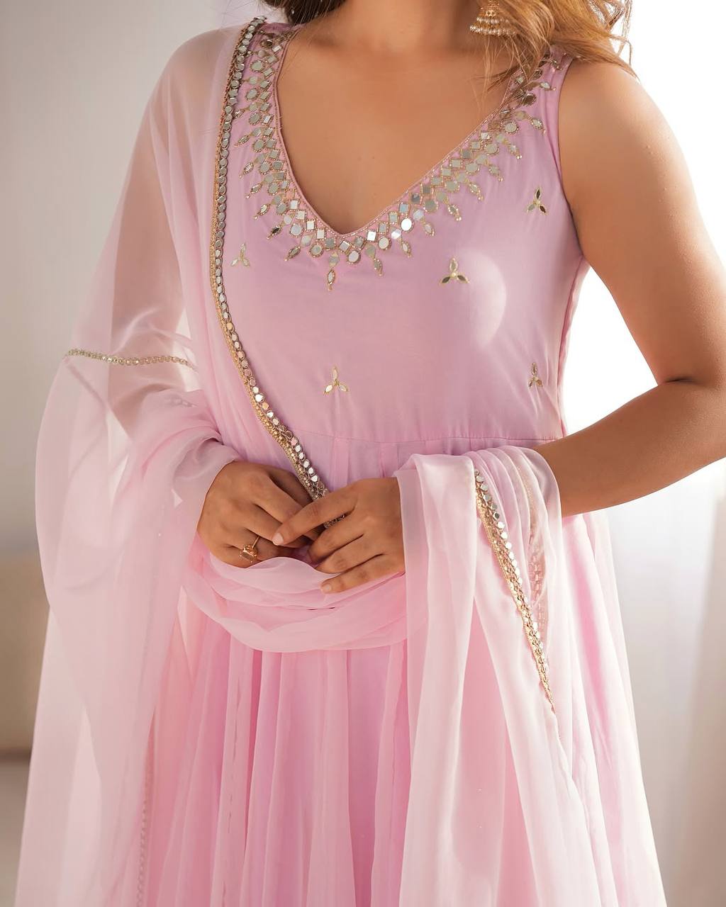 Women Empire Mirror Work Kurta with Trousers & Dupatta