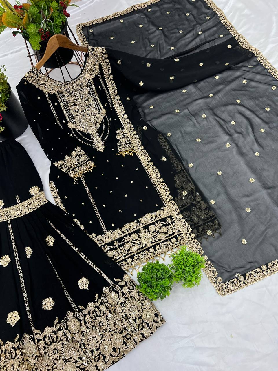 Designer Faux Georgette Top & Plazzo Set with Dupatta – Heavy Embroidery, Dori & Sequence Work