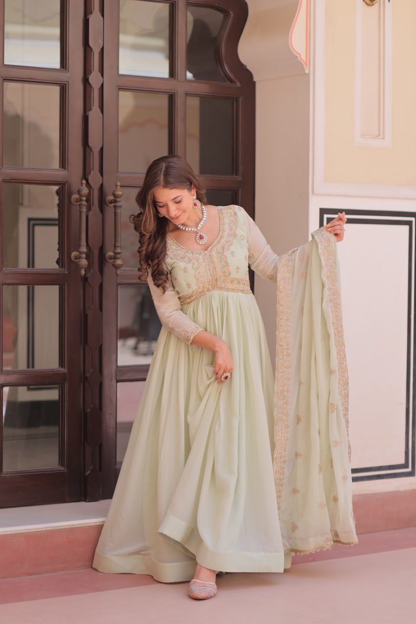 Pista Star Georgette Gown with Dupatta – Beads & Sequins Multi-Embroidery