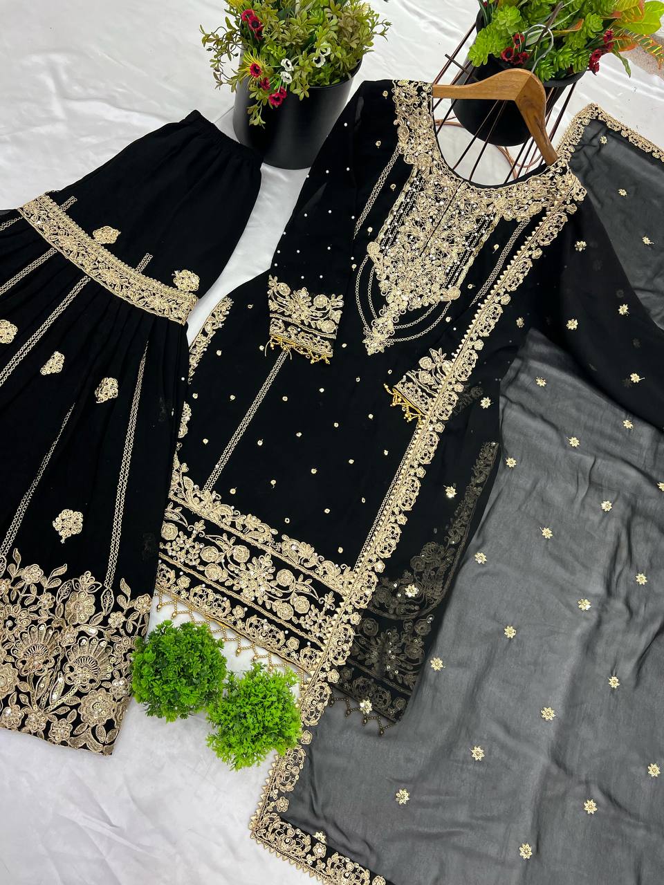 Designer Faux Georgette Top & Plazzo Set with Dupatta – Heavy Embroidery, Dori & Sequence Work