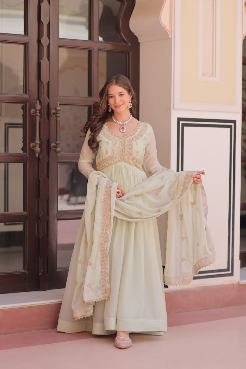 Pista Star Georgette Gown with Dupatta – Beads & Sequins Multi-Embroidery