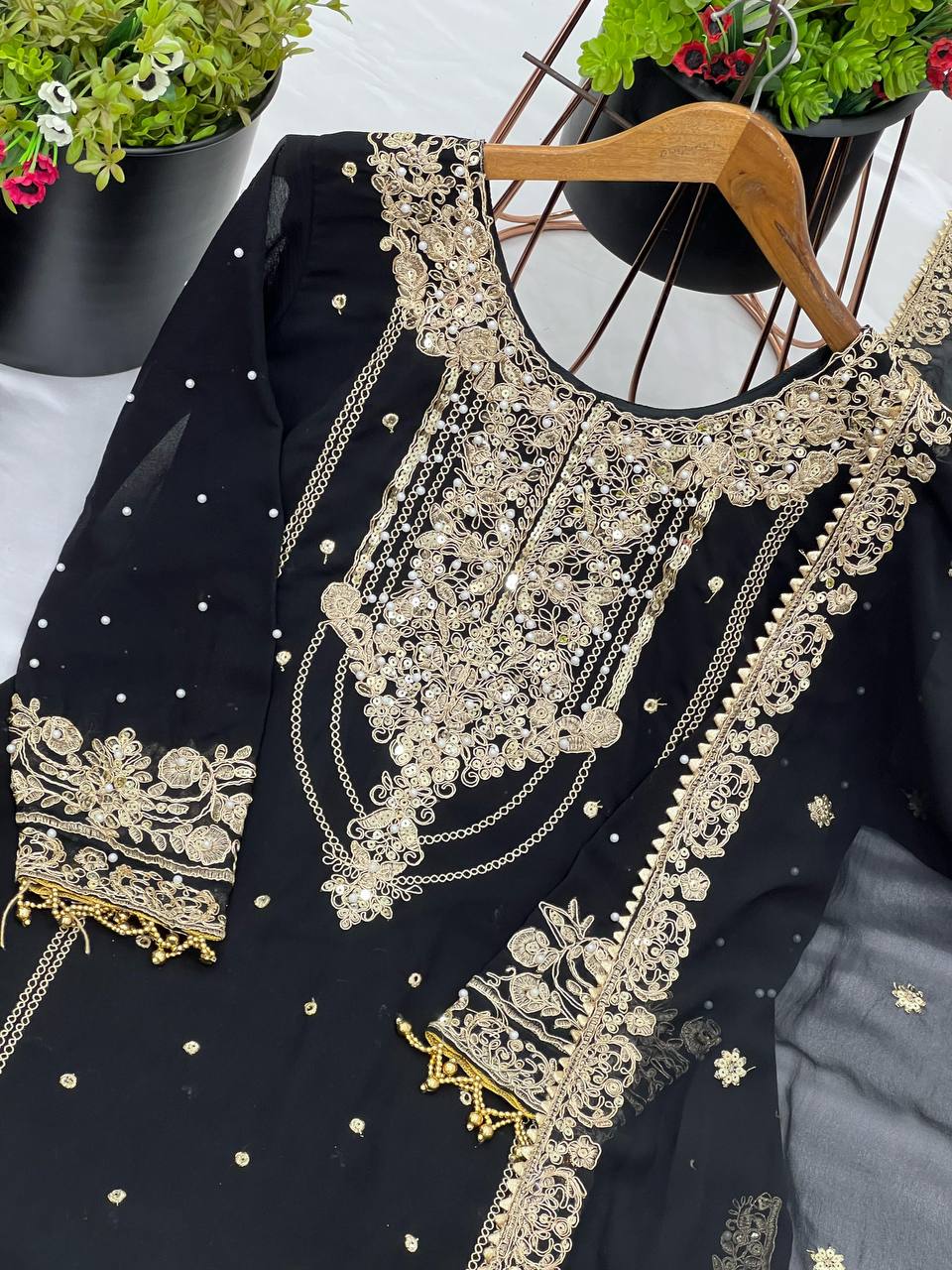 Designer Faux Georgette Top & Plazzo Set with Dupatta – Heavy Embroidery, Dori & Sequence Work