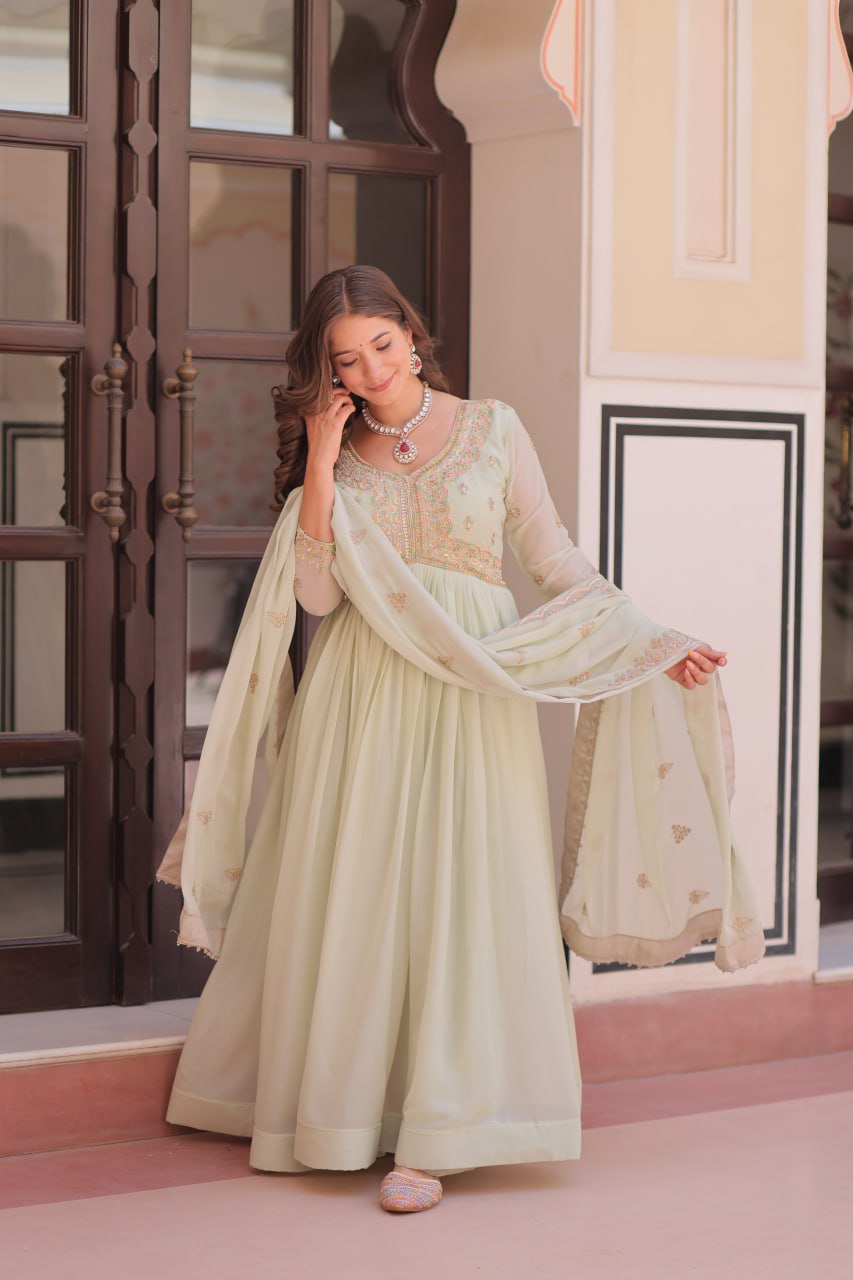 Pista Star Georgette Gown with Dupatta – Beads & Sequins Multi-Embroidery