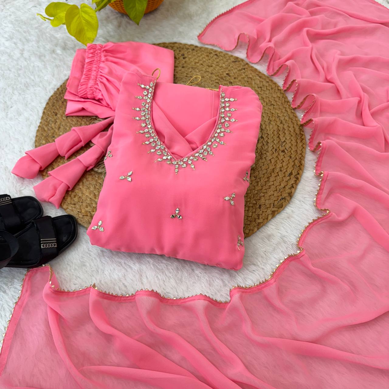 Women Empire Mirror Work Kurta with Trousers & Dupatta