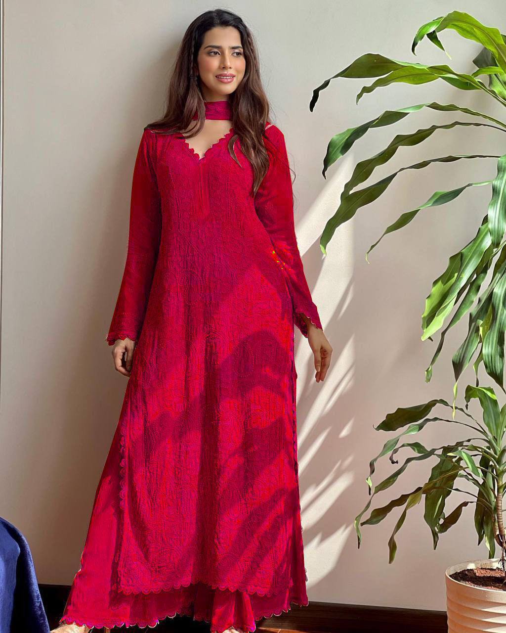 New Red Trend Chikankari special Ethnic Set