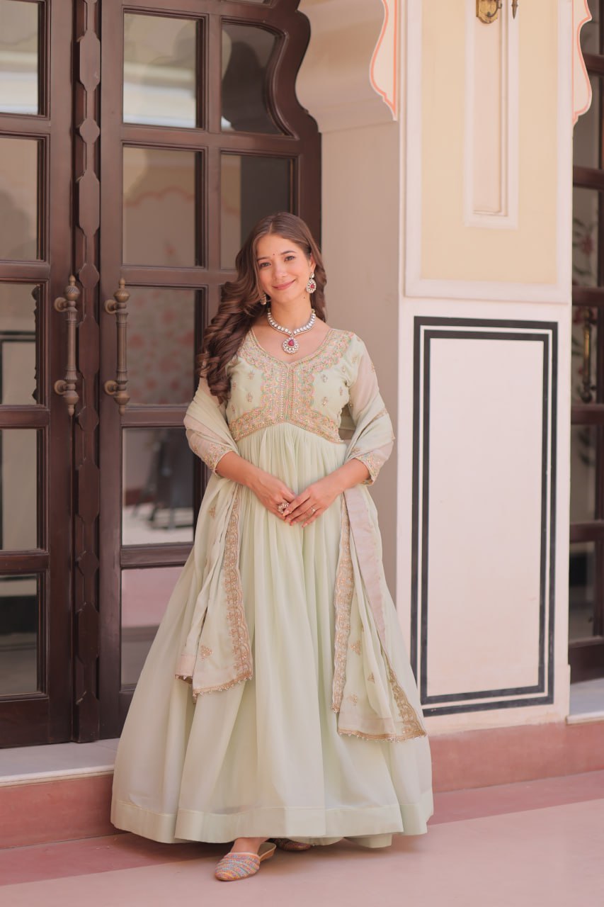 Pista Star Georgette Gown with Dupatta – Beads & Sequins Multi-Embroidery