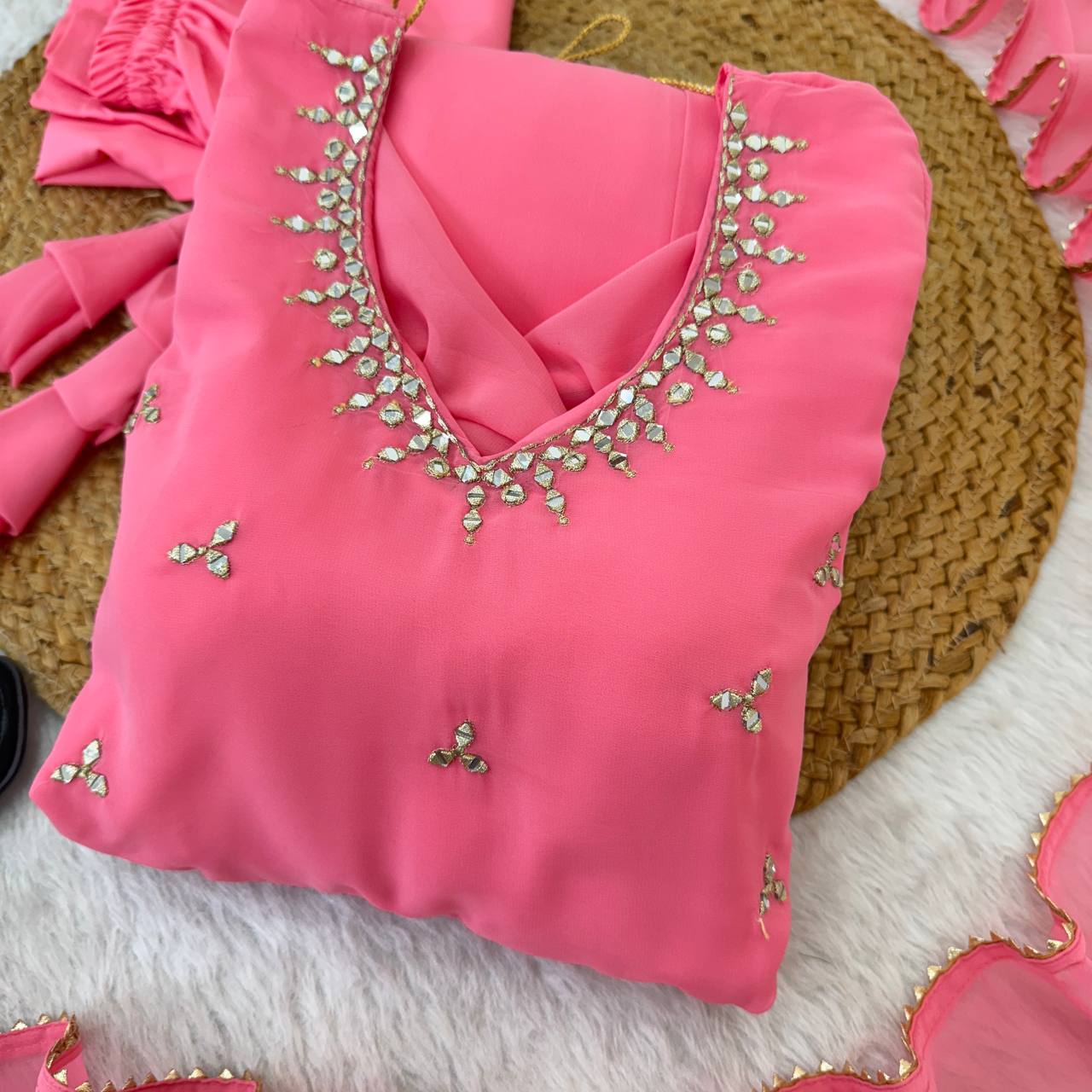 Women Empire Mirror Work Kurta with Trousers & Dupatta