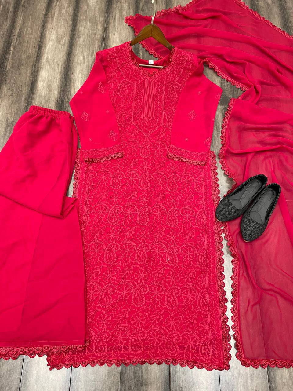 New Red Trend Chikankari special Ethnic Set