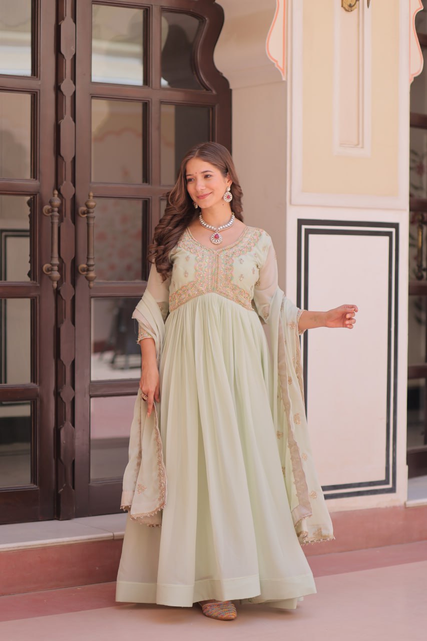 Pista Star Georgette Gown with Dupatta – Beads & Sequins Multi-Embroidery