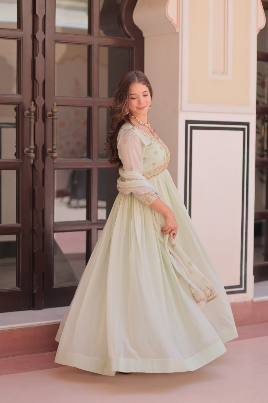 Pista Star Georgette Gown with Dupatta – Beads & Sequins Multi-Embroidery