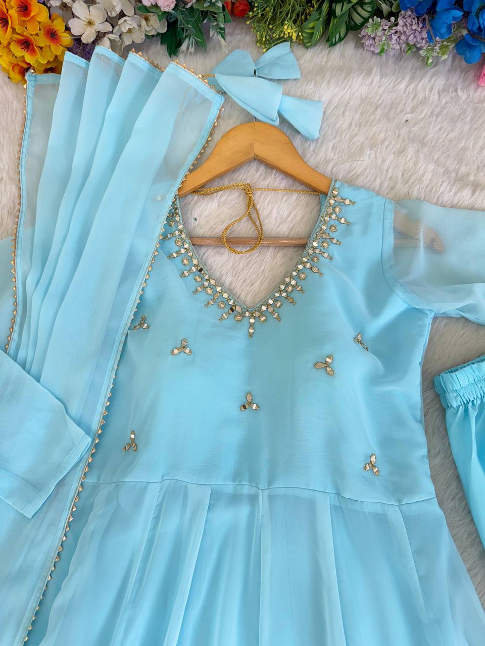 Women Empire Mirror Work Kurta with Trousers & Dupatta