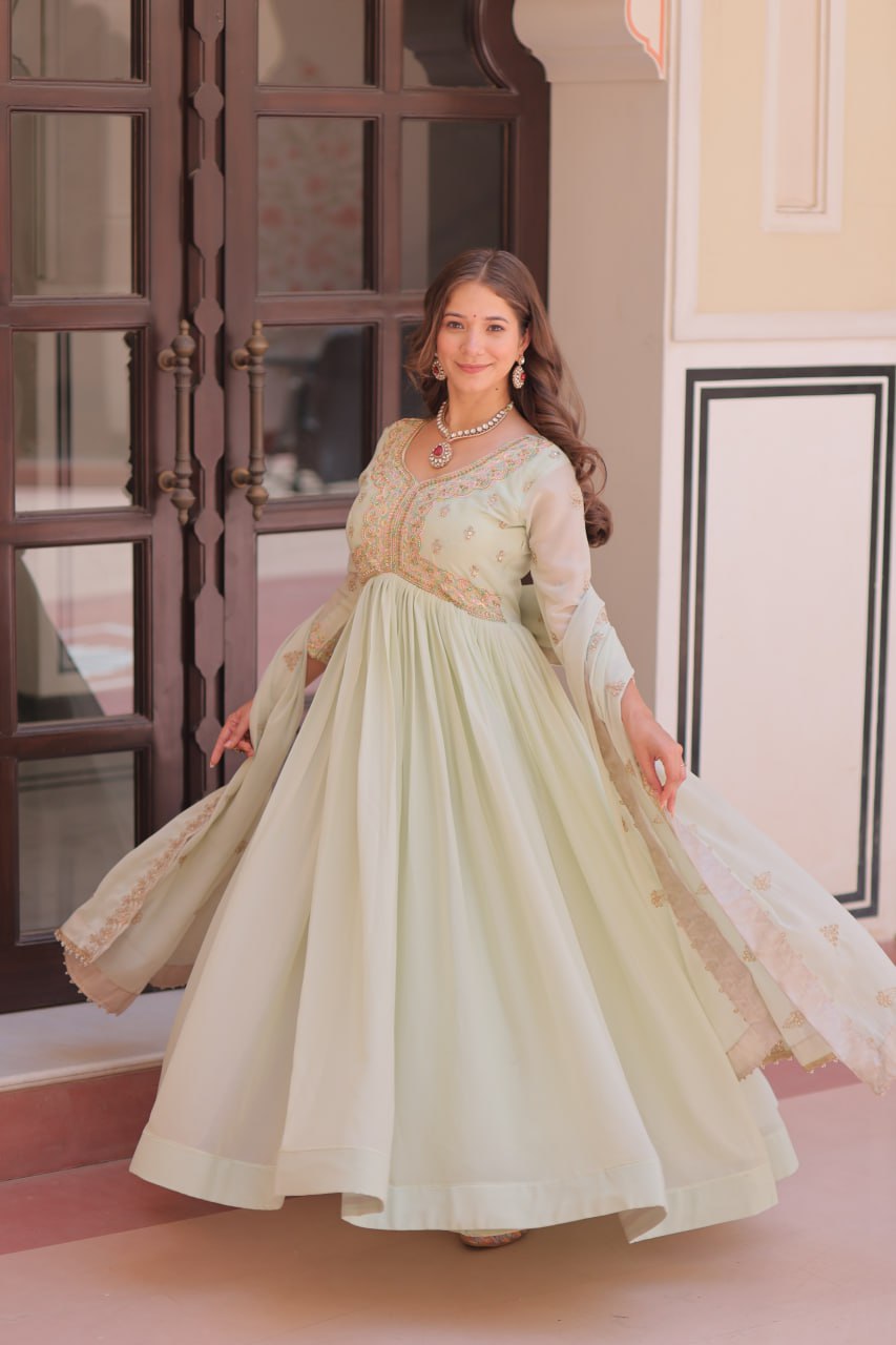Pista Star Georgette Gown with Dupatta – Beads & Sequins Multi-Embroidery