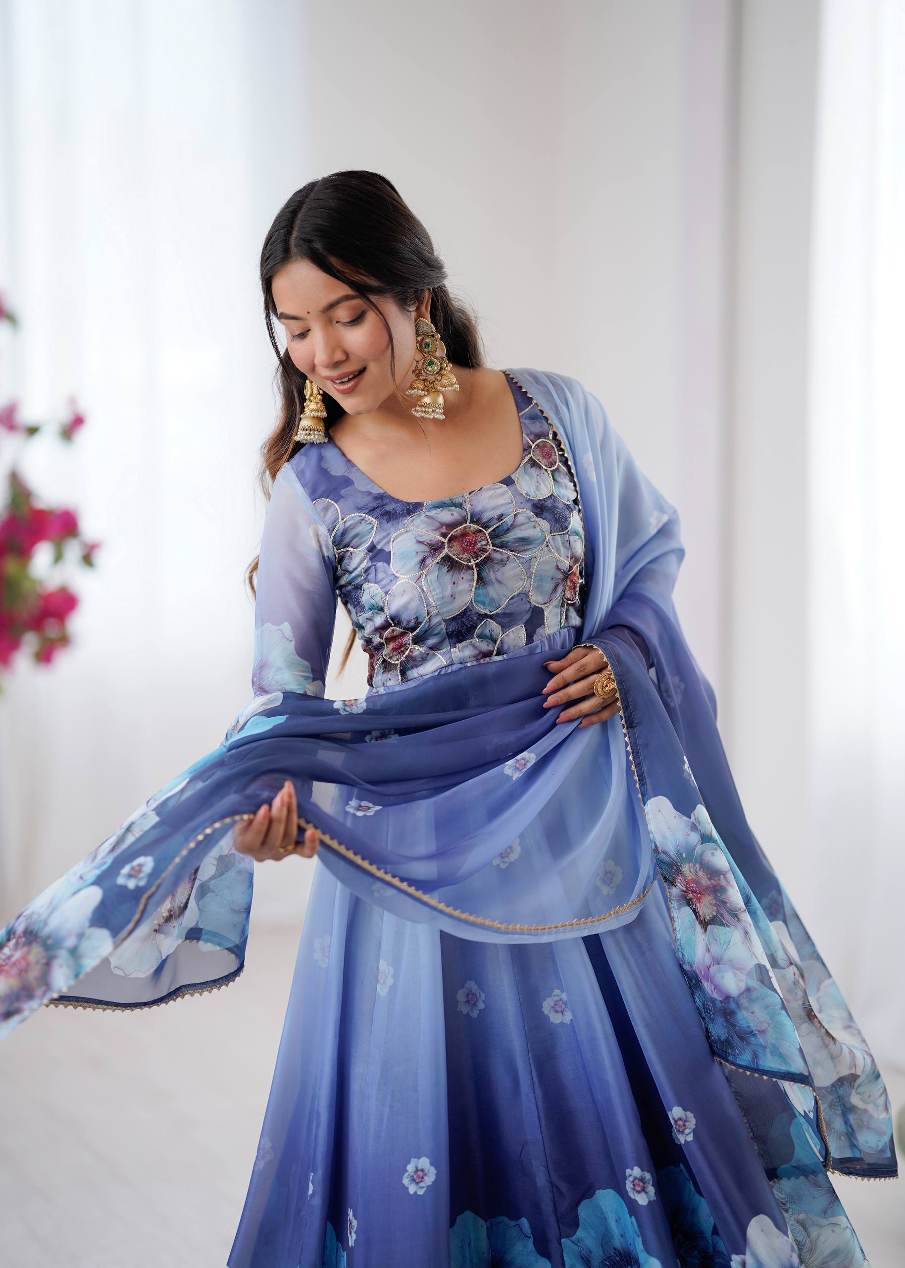 Organza Blue Festival Wear Digital Print Work Readymade Gown