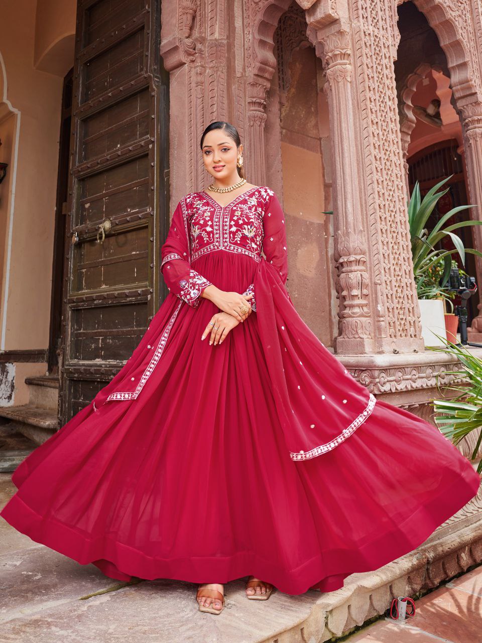 Premium Designer Readymade Gown with Dupatta – Zari & Sequins Embroidery