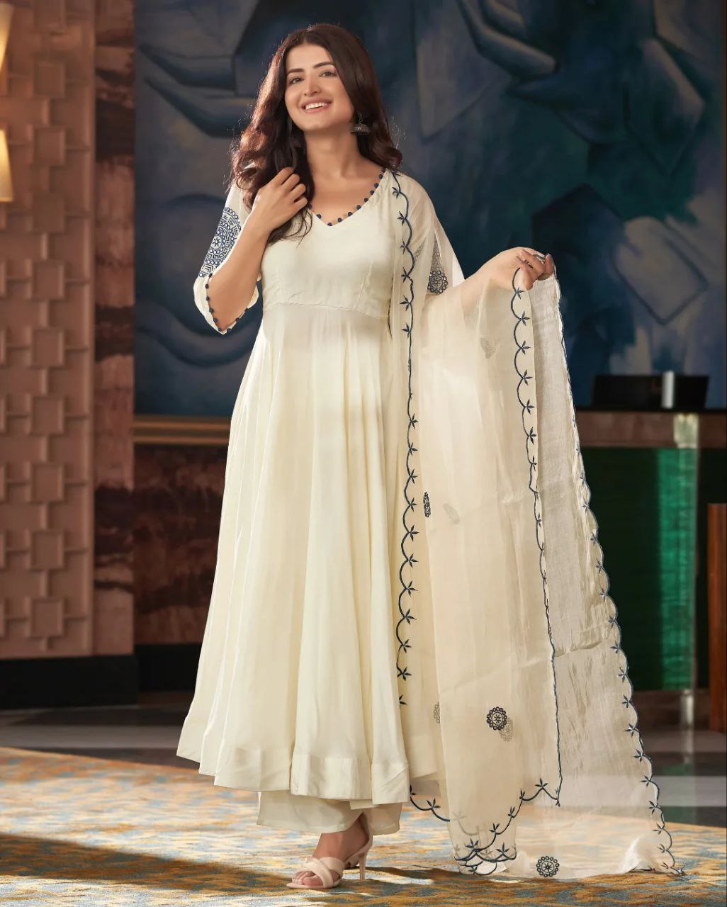 Rangrasa Blue Cream Embroidered Muslin Silk Suit Set