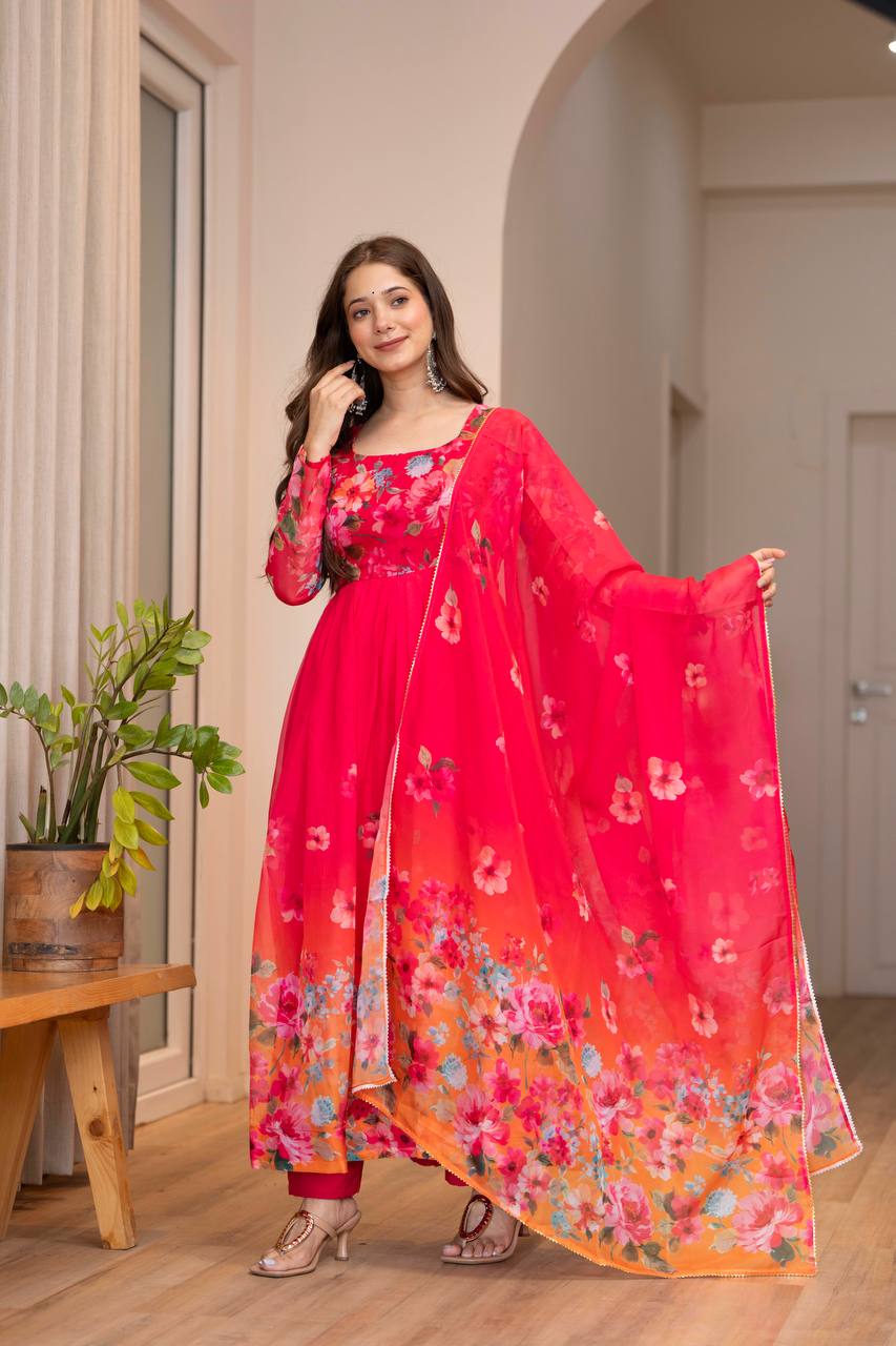 Women Floral Printed Tiered Kurta & Trousers With Dupatta