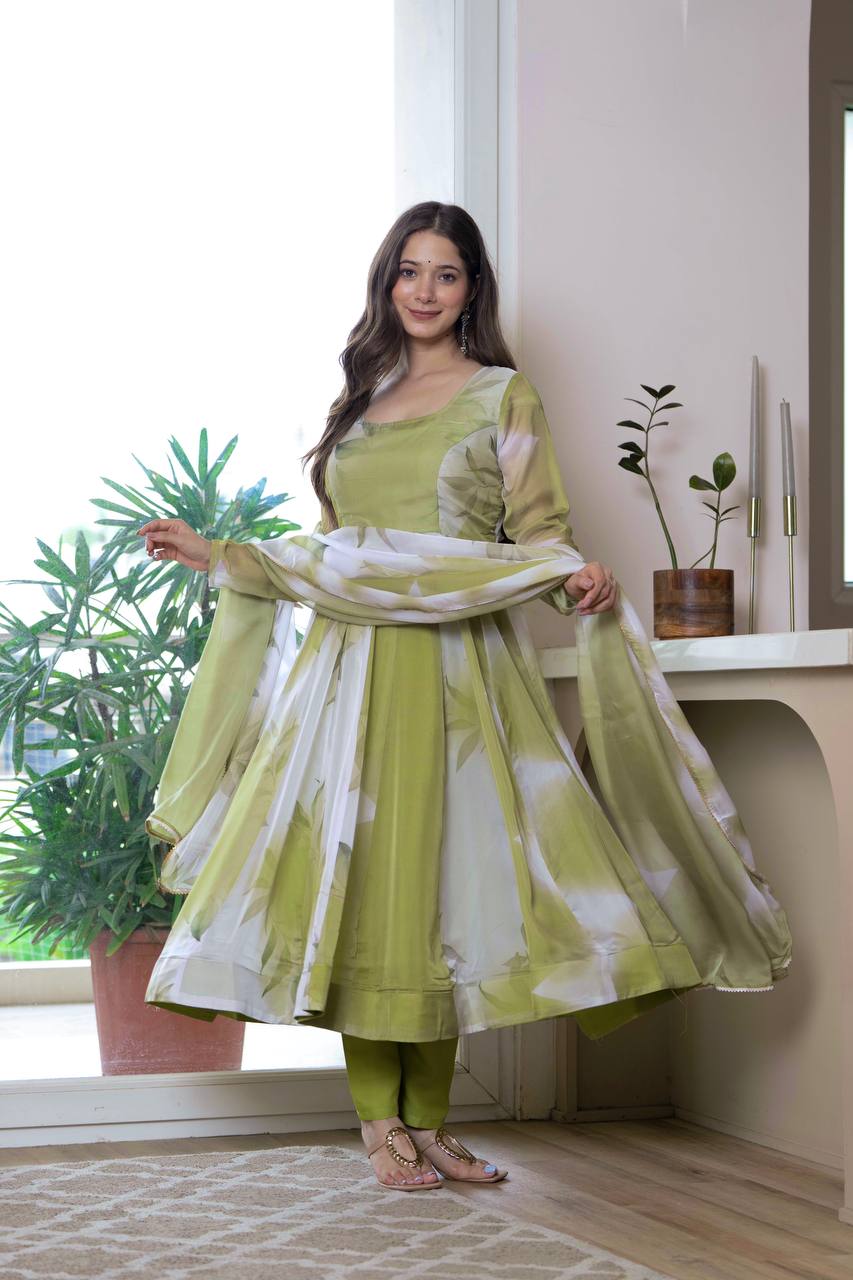 Floral Printed Anarkali Kurta With Trousers & Dupatta