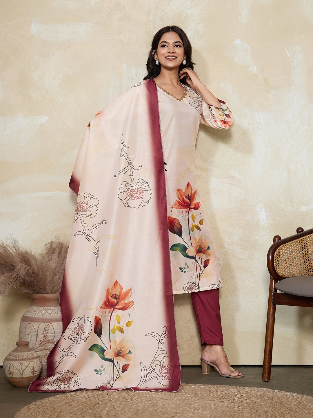 Suzuki Floral Printed V-Neck Straight Kurta With Trousers & Dupatta