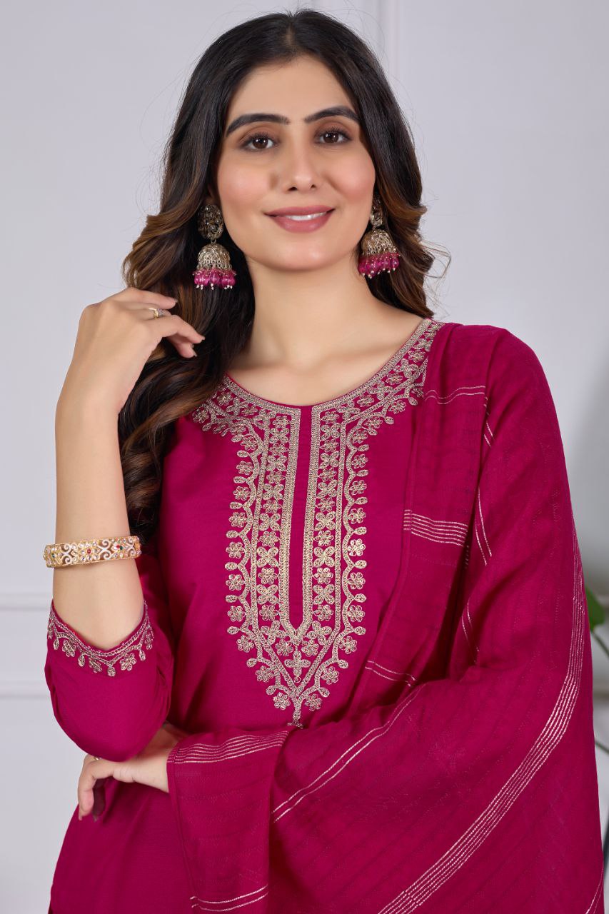 Women Embroidered Kurta with Pant & Dupatta