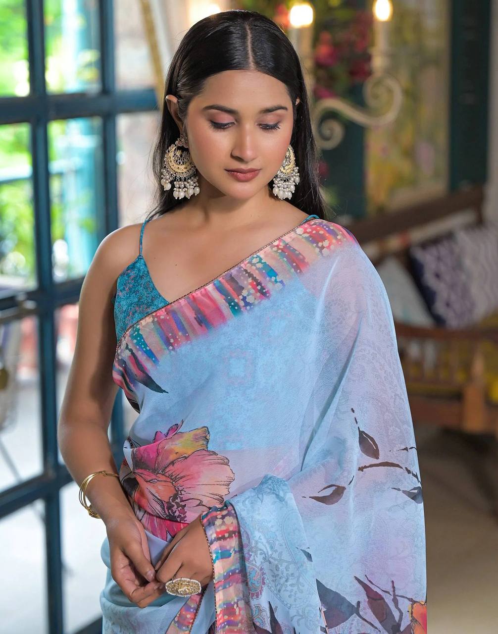 Heavy Georgette Silk Printed Saree with Valmoti Work Border & Unstitched Blouse