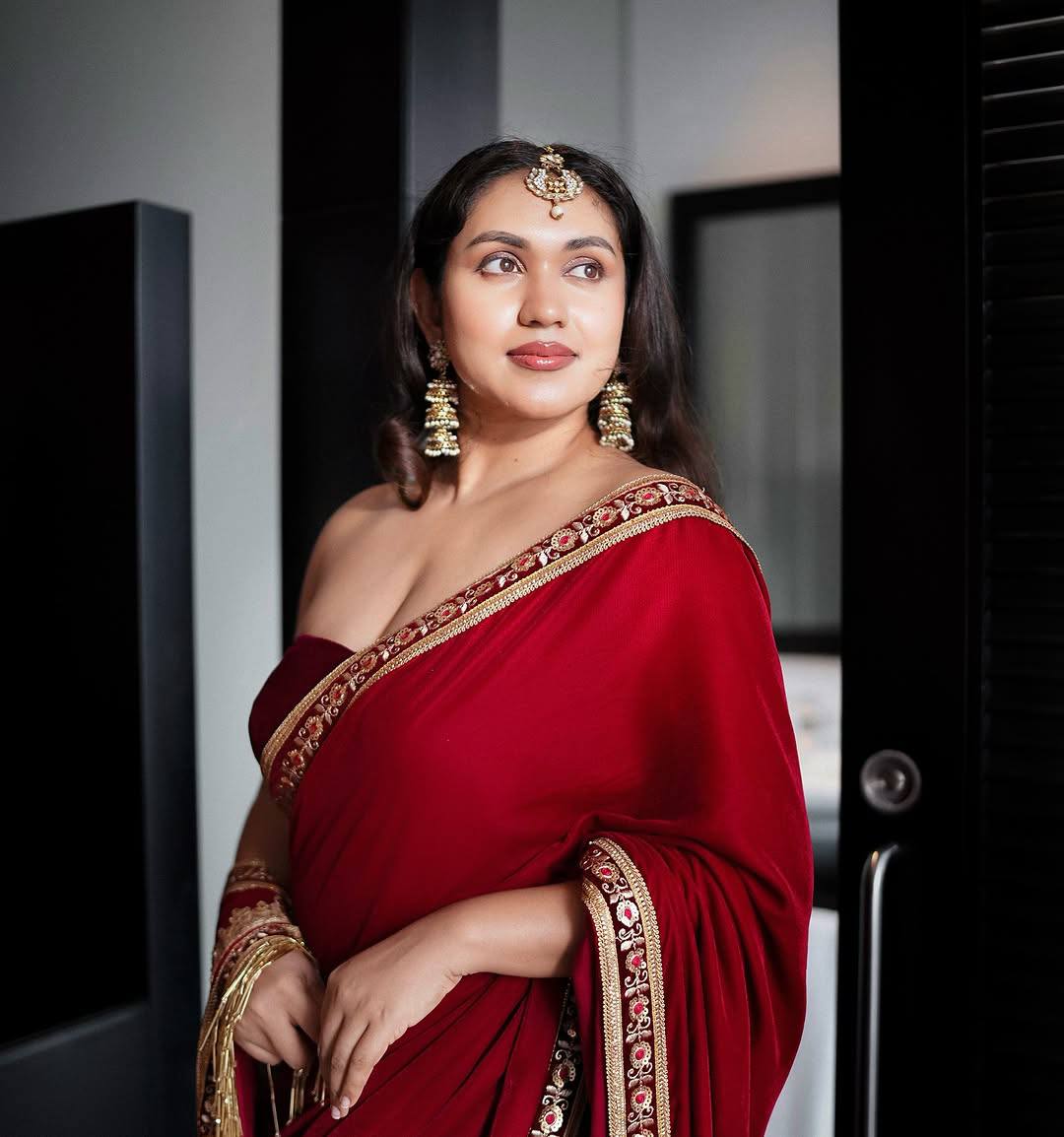 Velvet Saree with Embroidered Lavender Border & Unstitched Blouse