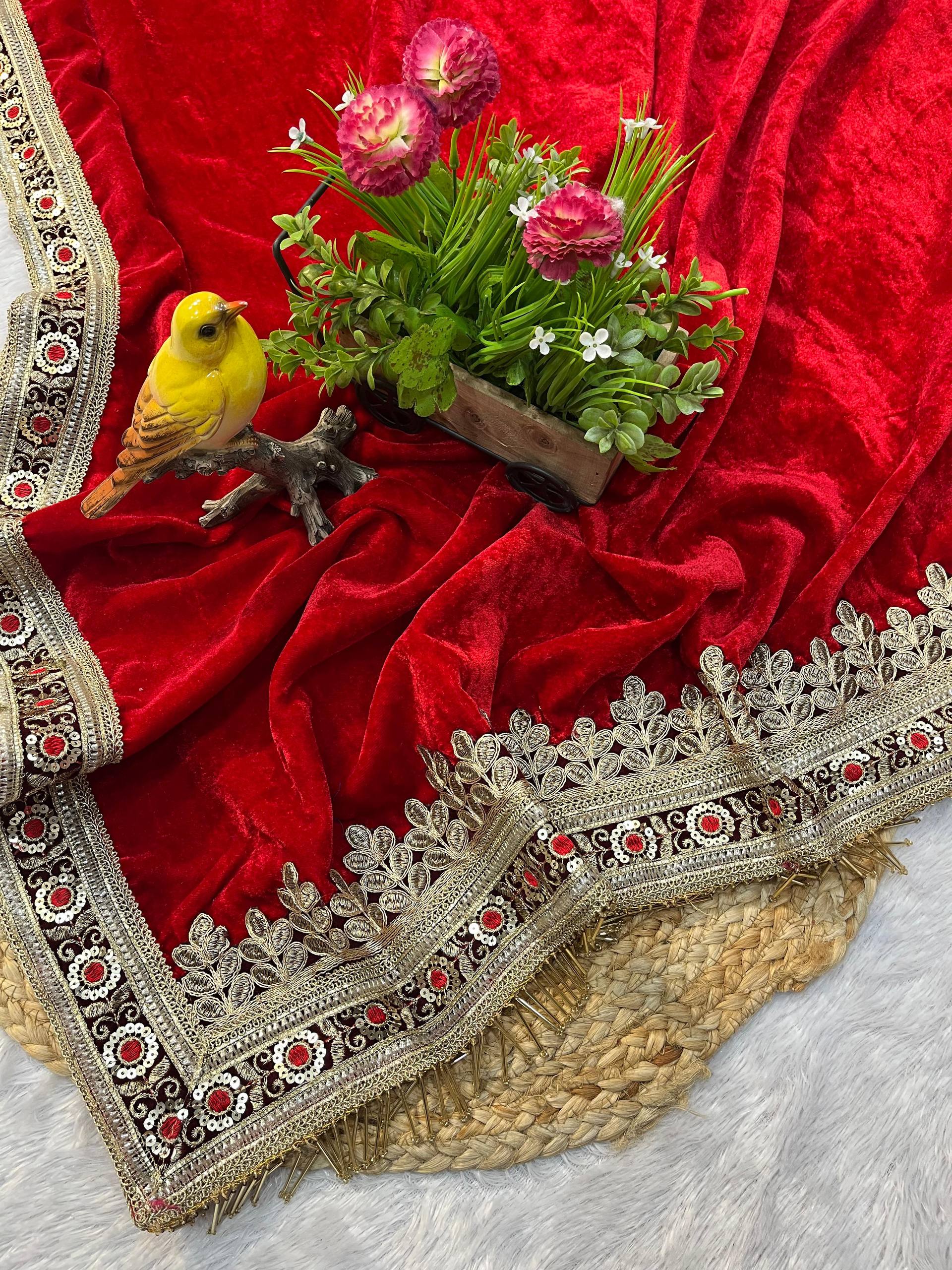 Velvet Saree with Embroidered Lavender Border & Unstitched Blouse