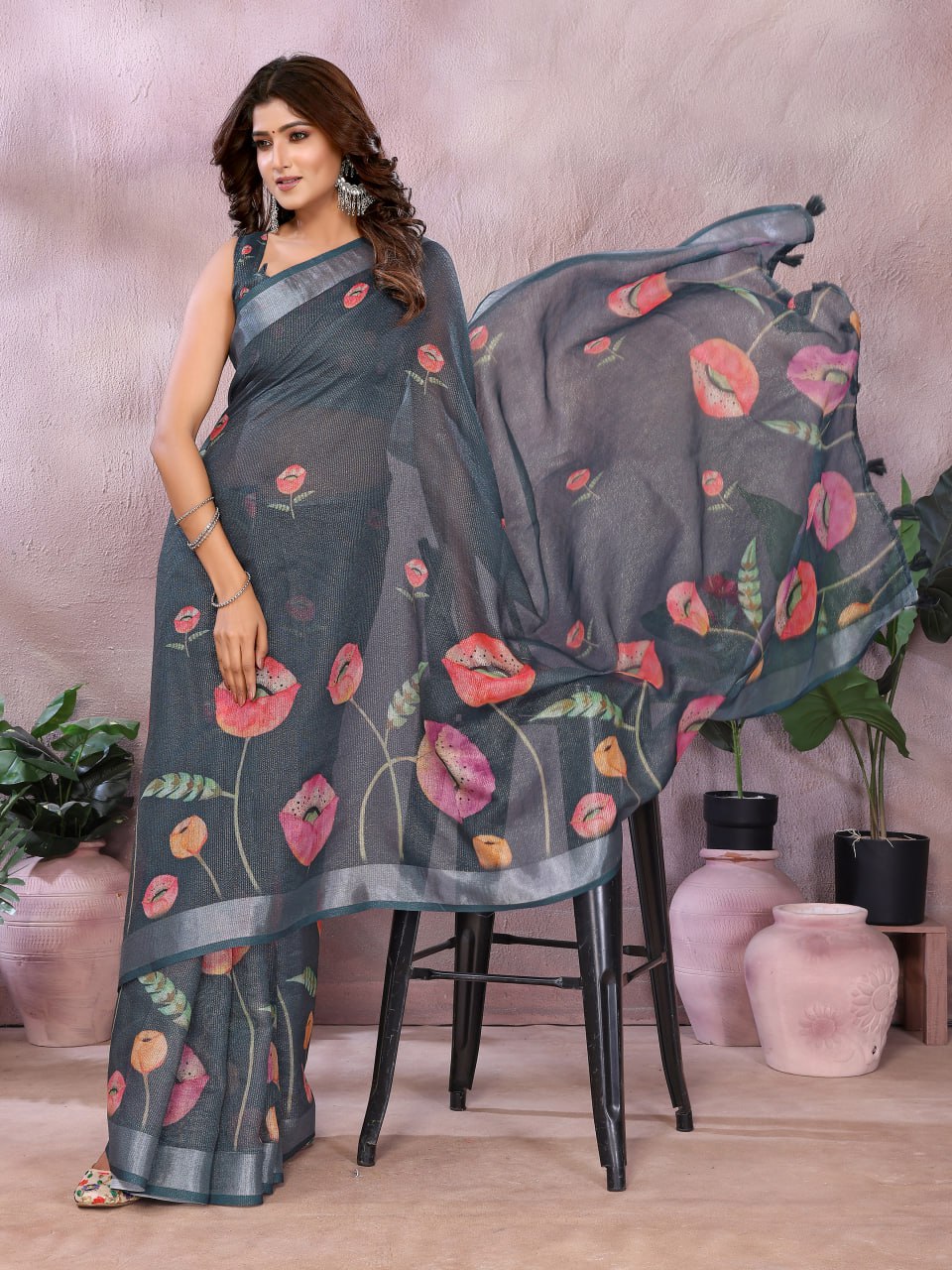 Black Linen Shimmer Saree with Printed Floral Design & Peach Tassel Border