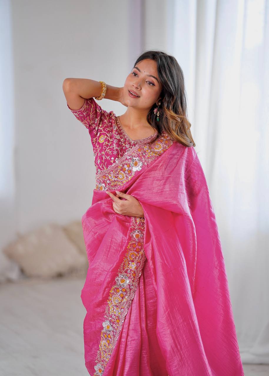 Premium Gold Crush Silk Saree with Heavy Embroidery & Sequins Work