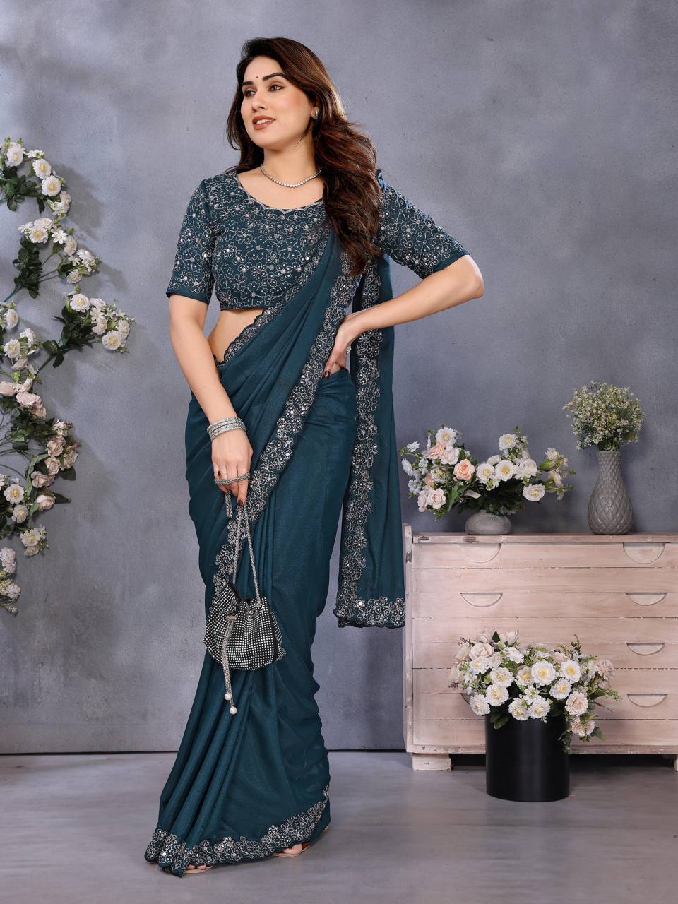 Soft Star Georgette Silk Saree with Mirror Hand Embroidery & Cutwork Border