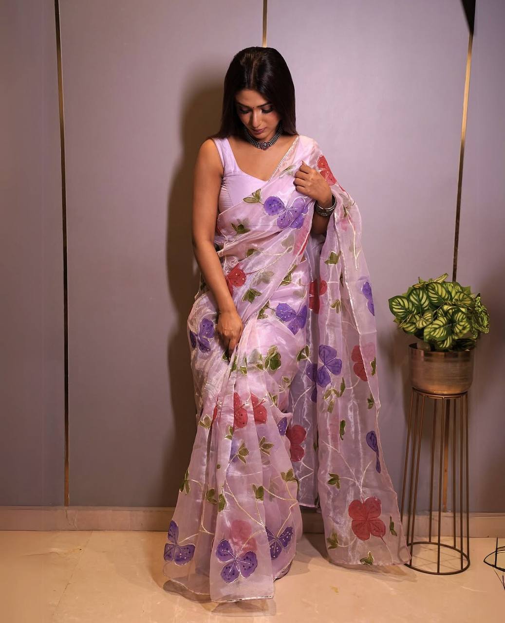 Lilac Floral Printed Organza Saree with Sequin Handwork and Silk Blouse