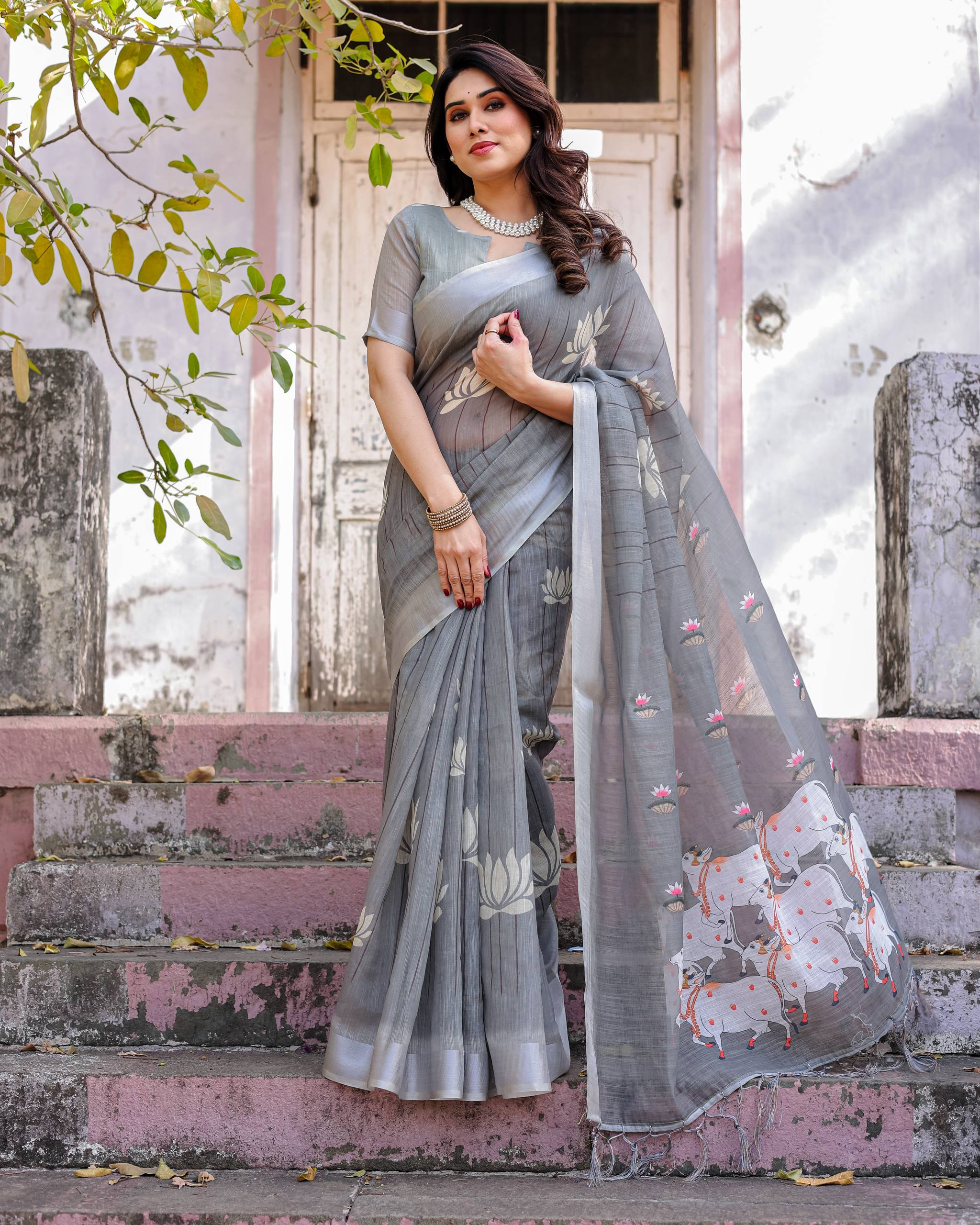 South Hit Printed Linen Cotton Saree with Blouse