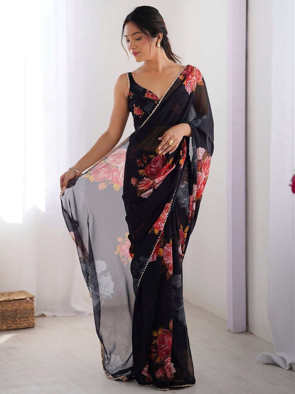 Black Printed Georgette Saree with Moti Lace & Satin Patta Blouse