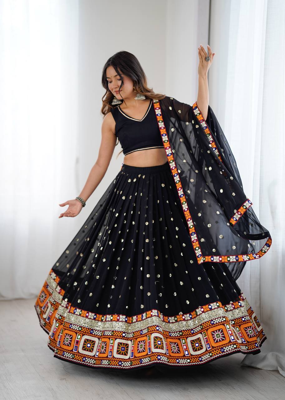 Black Designer Faux Georgette Lehenga Choli Set with Real Mirror & Chain Stitch Work