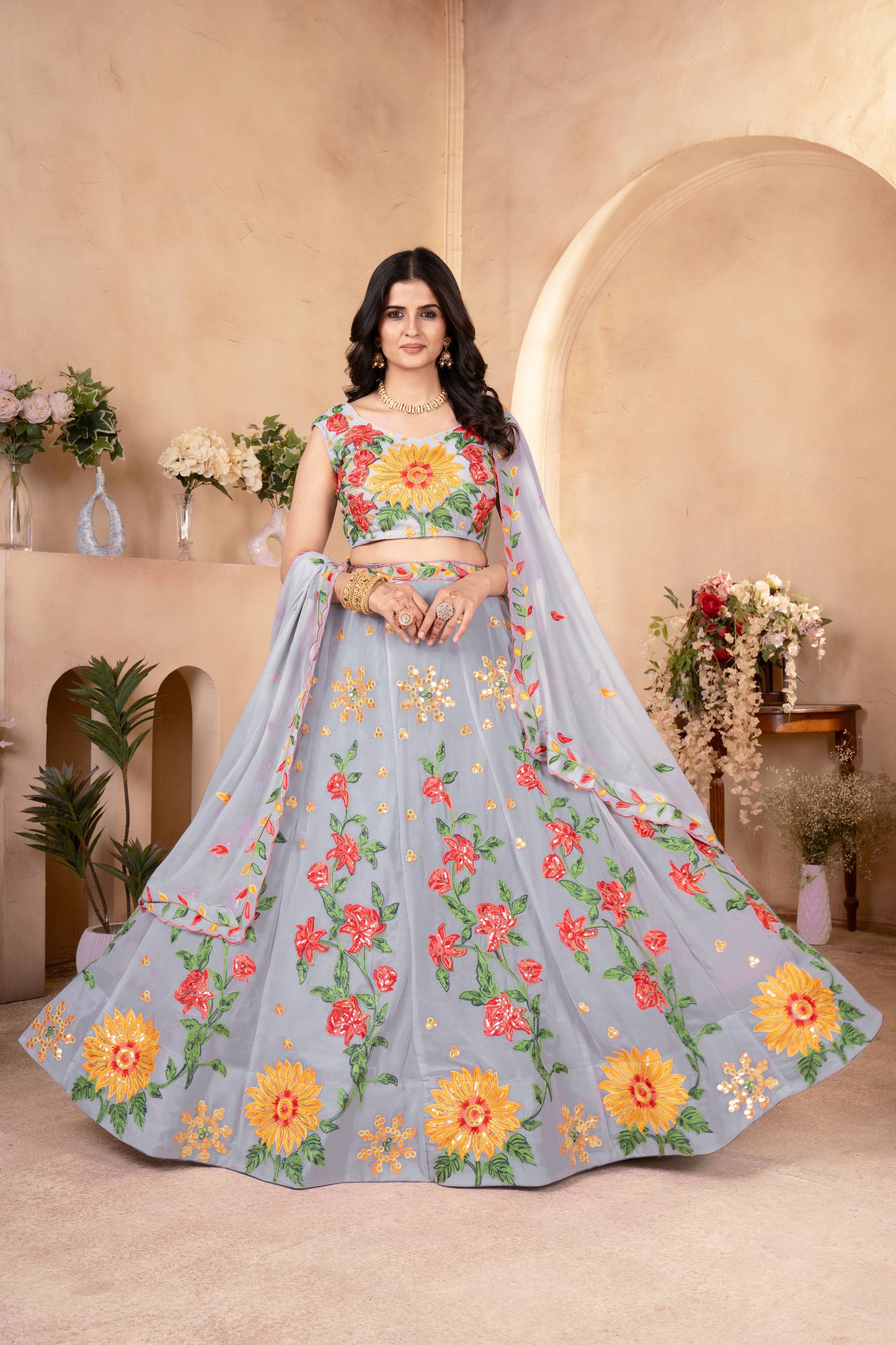 Light Blue Georgette Embroidery Bridal Lehenga