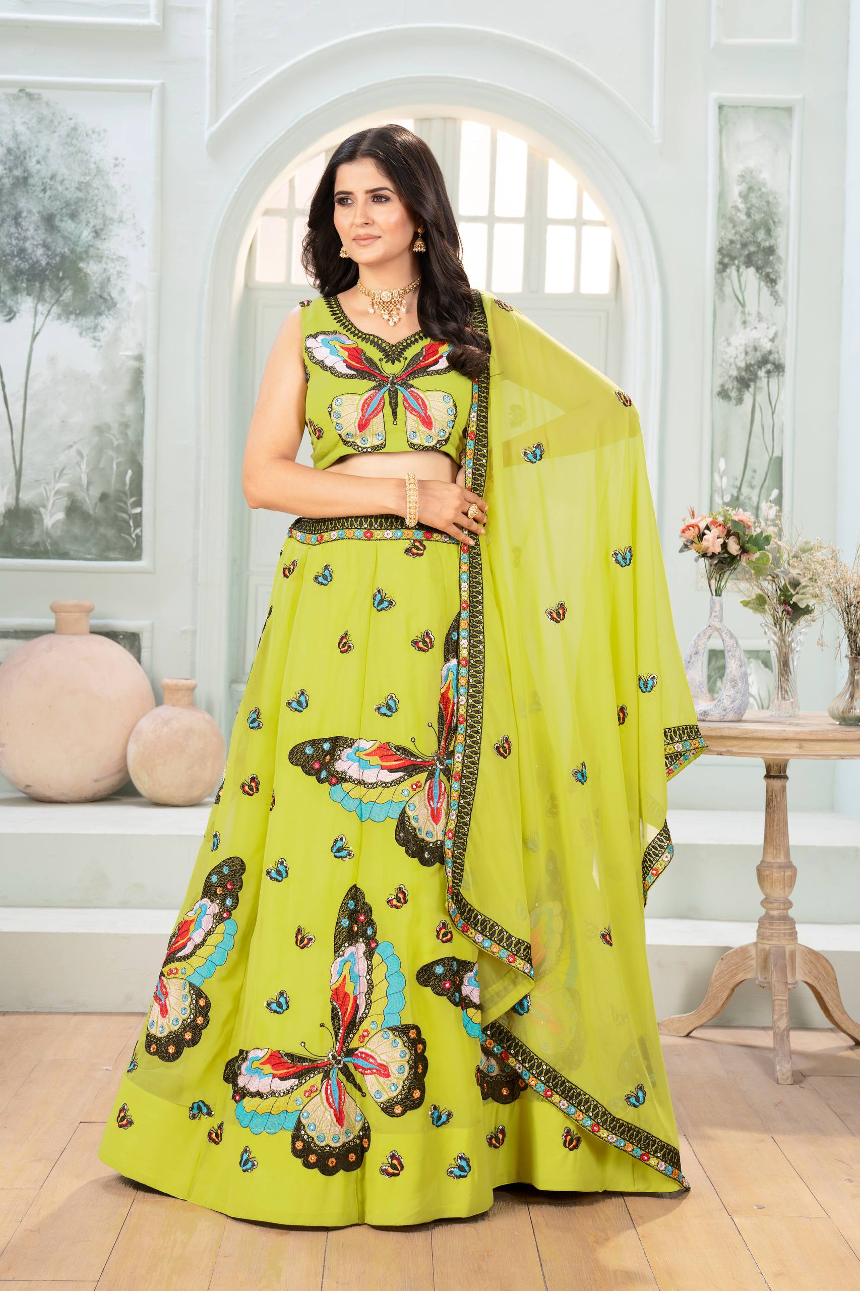 Colorful Faux Georgette Lehenga with Butterfly Work Designer Look for Celebrations