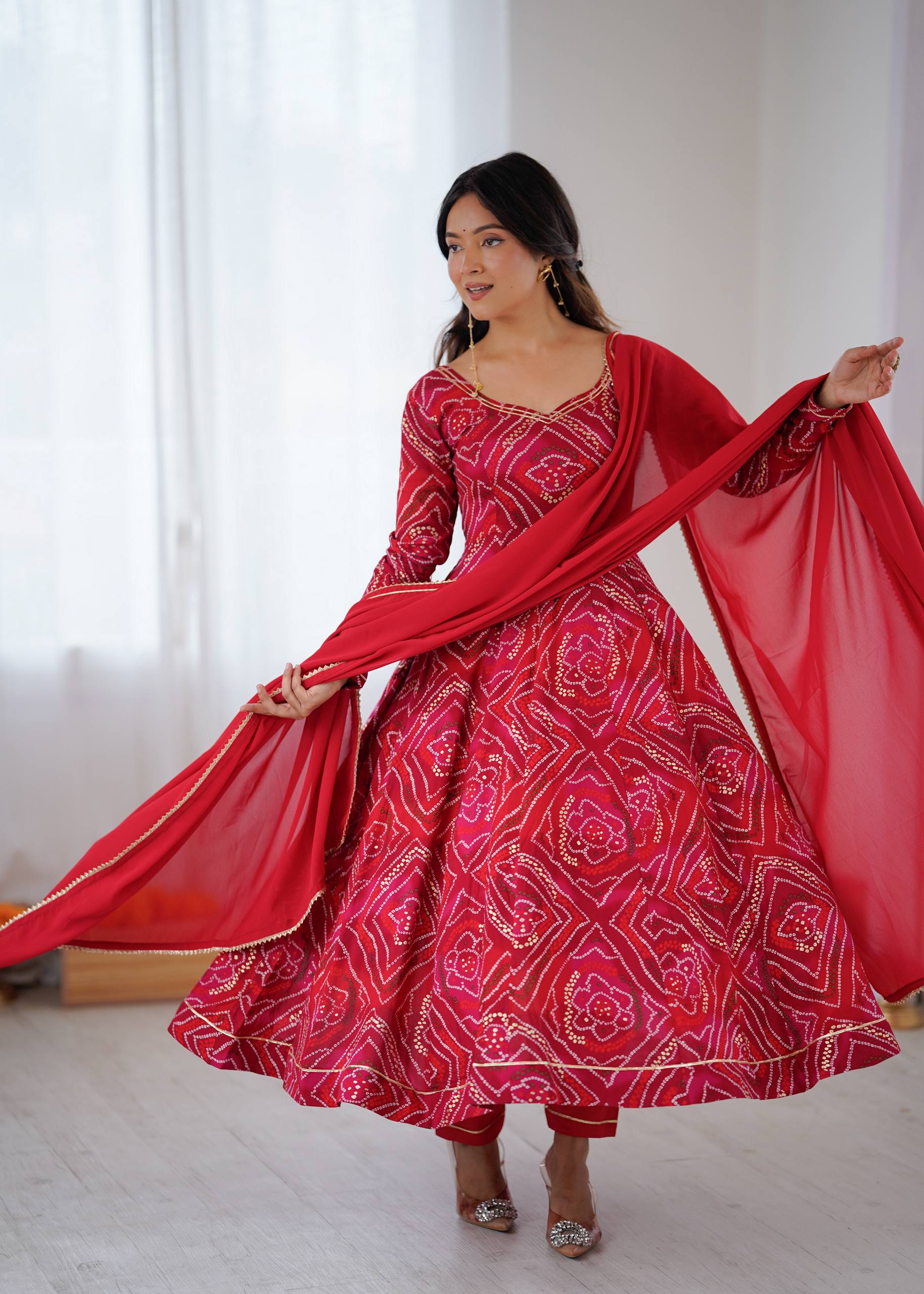 Bandhani Printed Sweetheart Neck Anarkali Kurta With Trousers & Dupatta