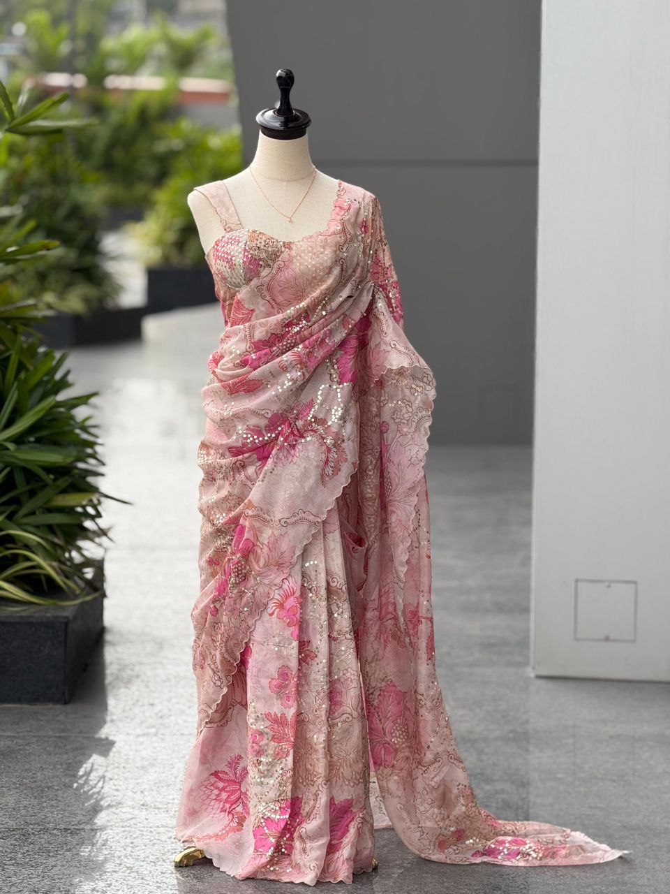Pure Jimmy Organza Digital Printed Saree with Sequins Work & Unstitched Blouse