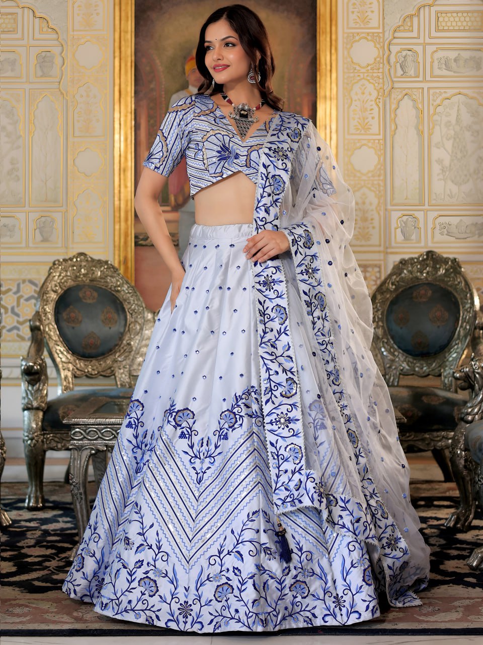 White and Blue Heritage Lehenga Set
