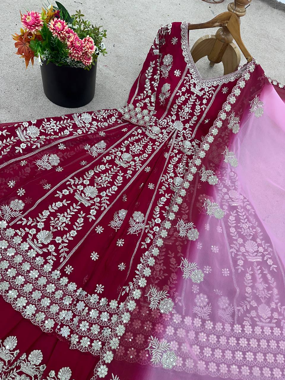 Designer Faux Georgette Gown & Lehenga Set with Embroidery Sequins & Dupatta