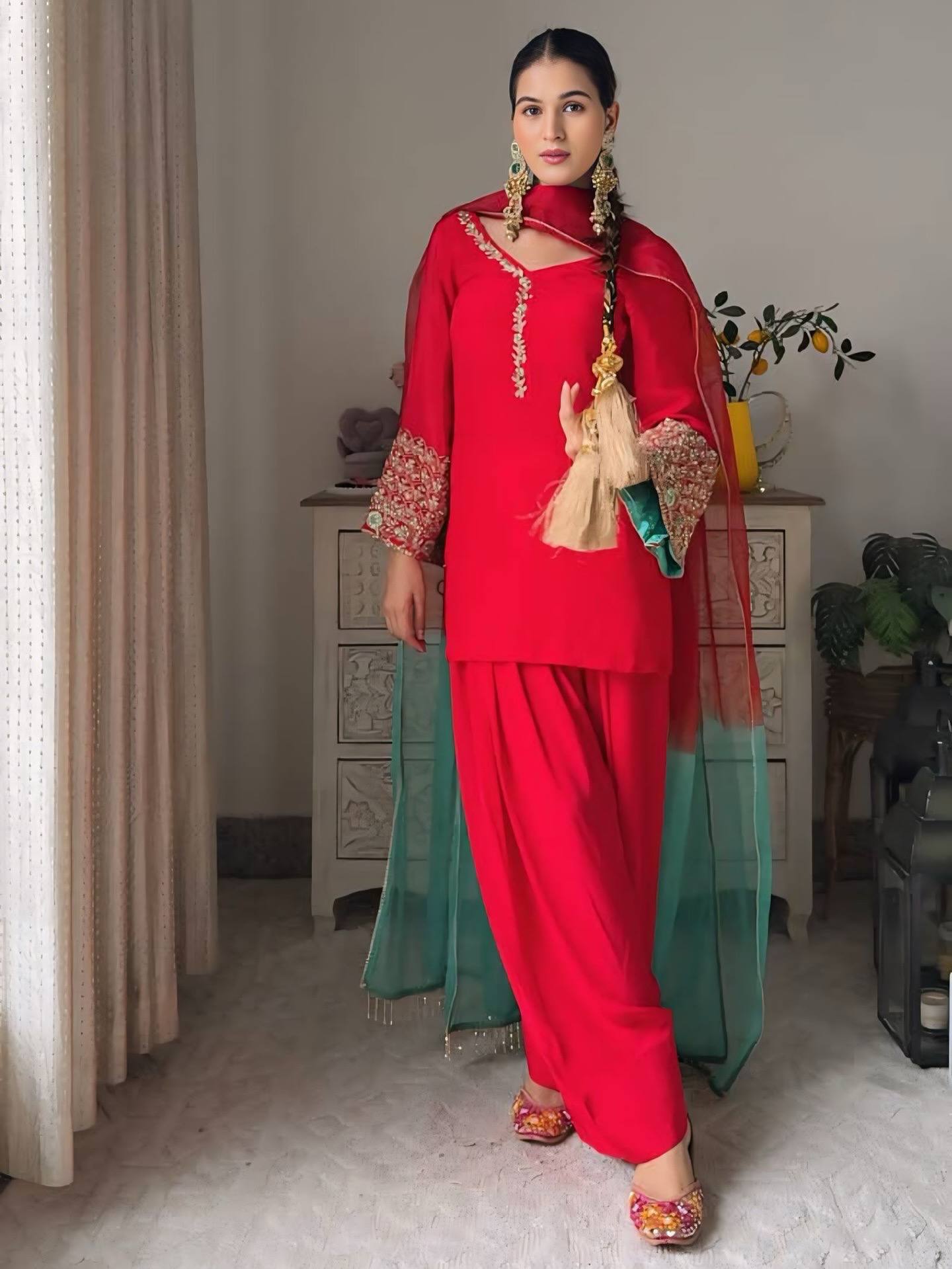Designer Farsi Top & Salwar Set with Fancy Dupatta and Embroidery Work