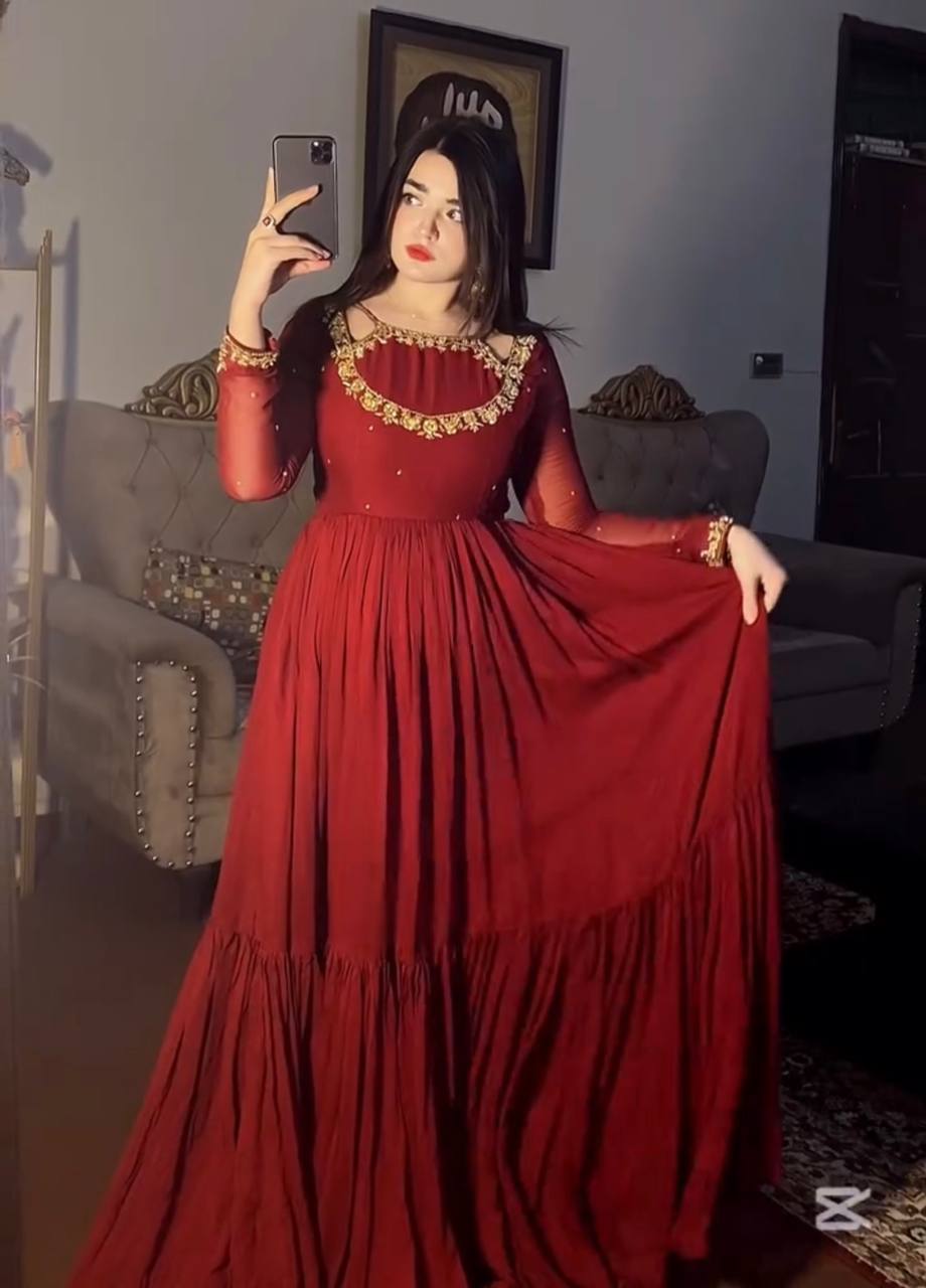 Designer Faux Georgette Party Wear Gown Set with Dupatta & Bottom – Embroidery and Sequins Work