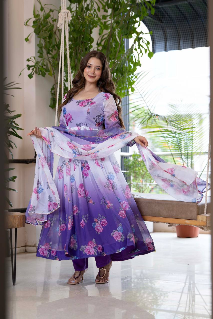 Designer Umbrella Suit Set with Dupatta & Pant – Lightweight Organza Floral Print