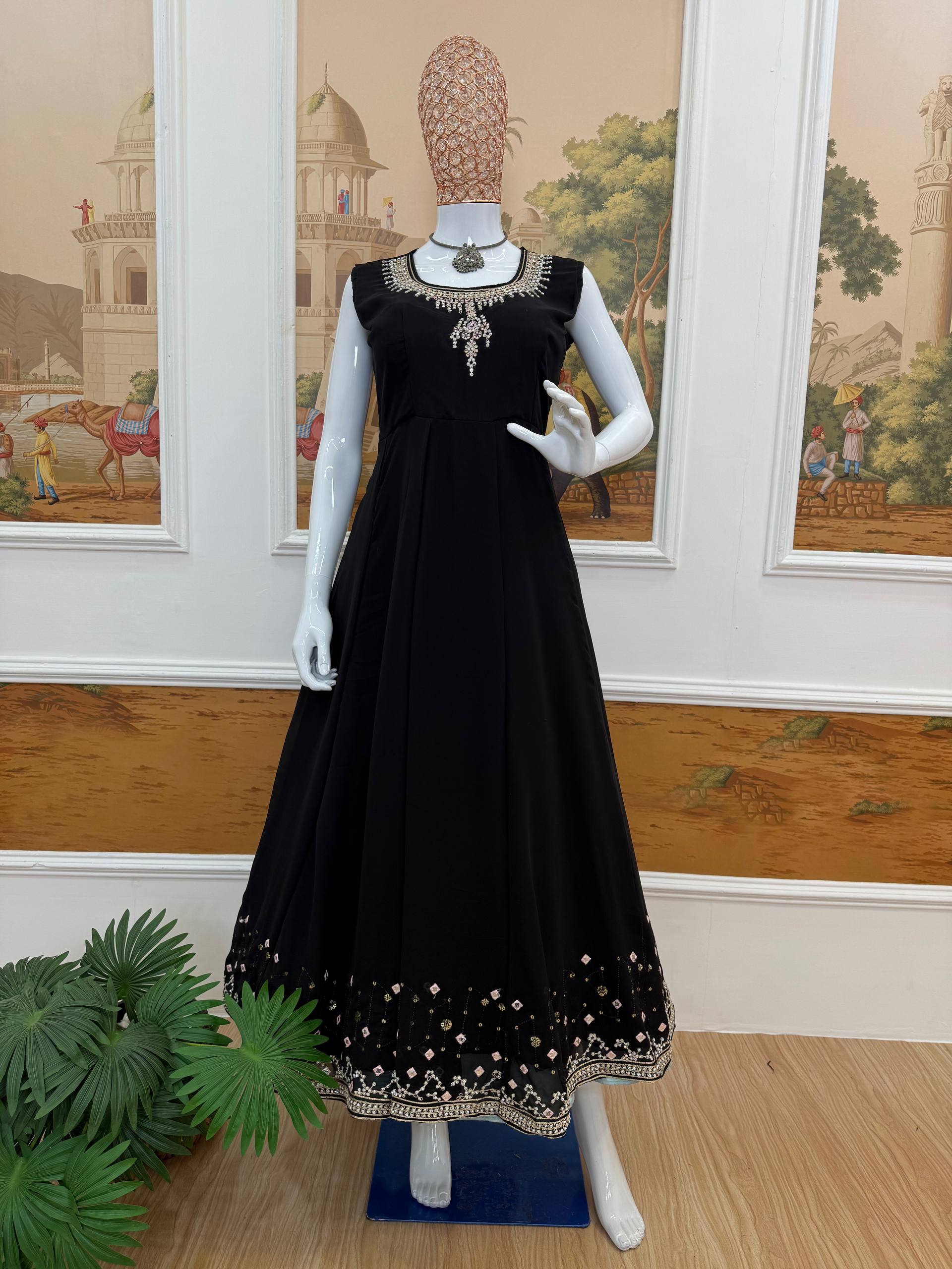Designer Faux Georgette Gown, Koti & Dupatta Set – Embroidery & Crystal Stone Work