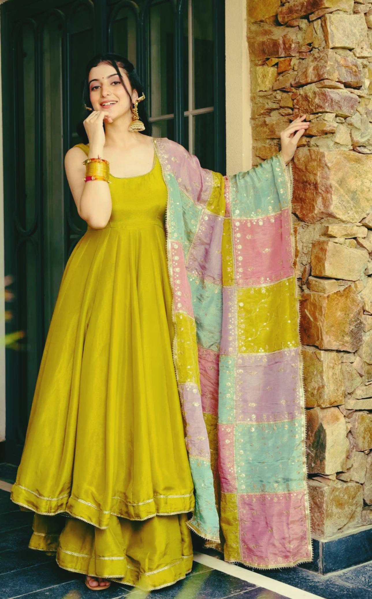Designer Mehndi Color Roman Simmer Silk Top, Plazzo & Dupatta Set – Embroidery & Gota Lace Work