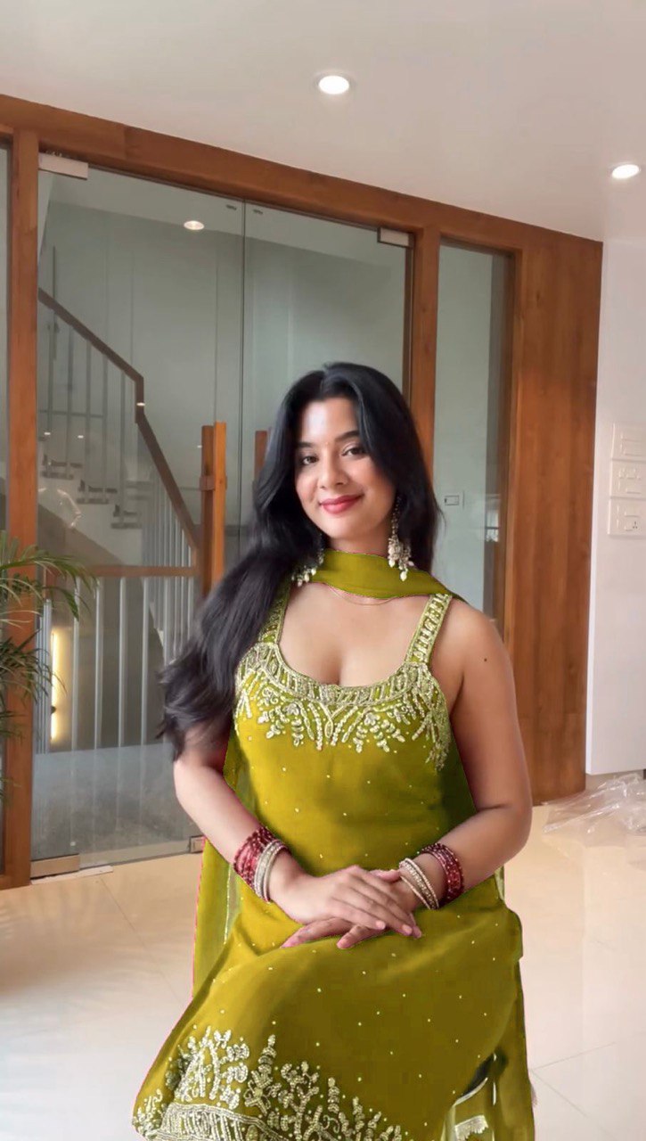 Green Georgette Sharara Set with Dupatta – Thread, Sequin & Pearl Work