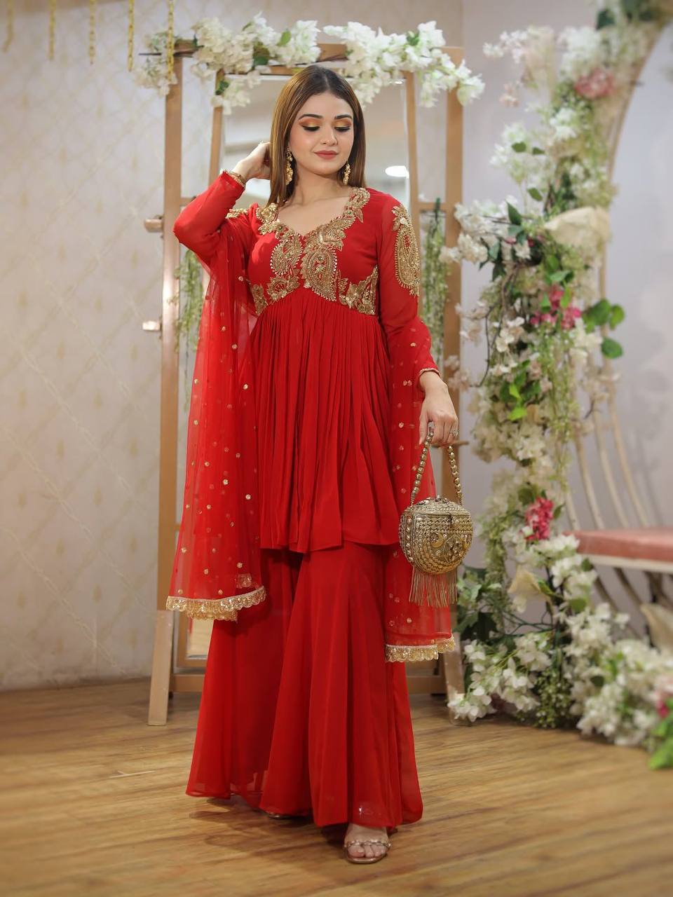 Exclusive One-Piece Cowl Dress Set with Shrug – Chinon Fabric with Sequence Embroidery