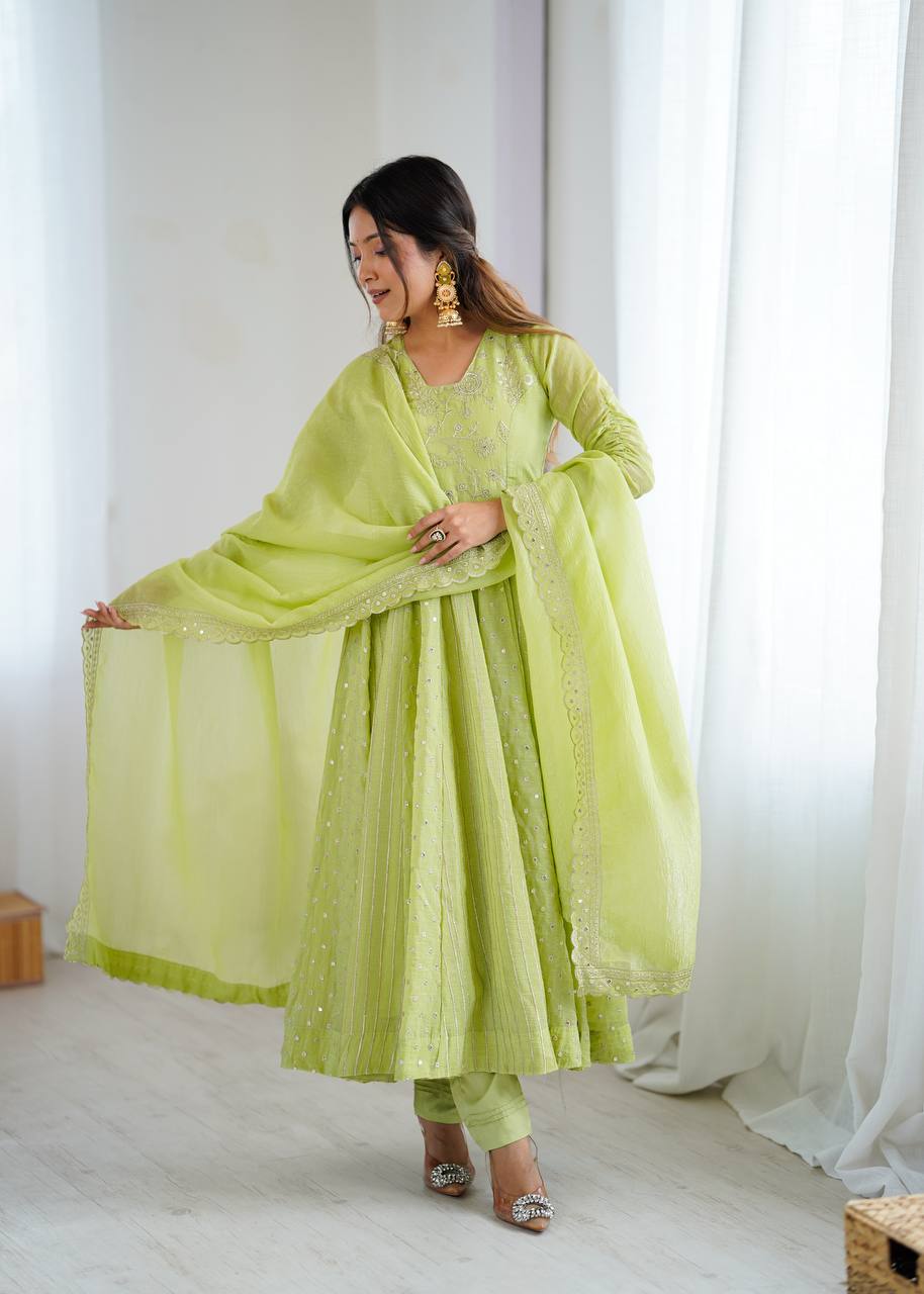 Designer Anarkali Gown Set with Pant & Dupatta – Crunchy Silk with Embroidery & Sequence Work